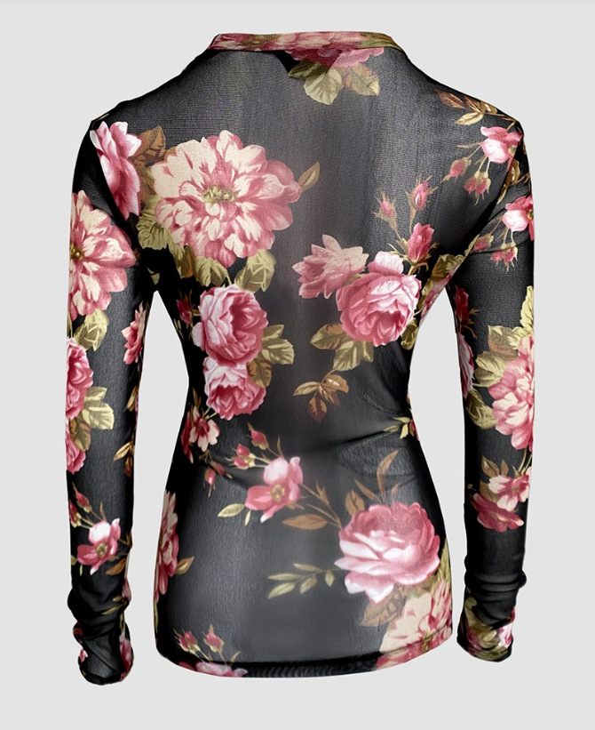 Womens Floral Print Blouse Elegant Crewneck Top Fitted Casual Style T-shirt